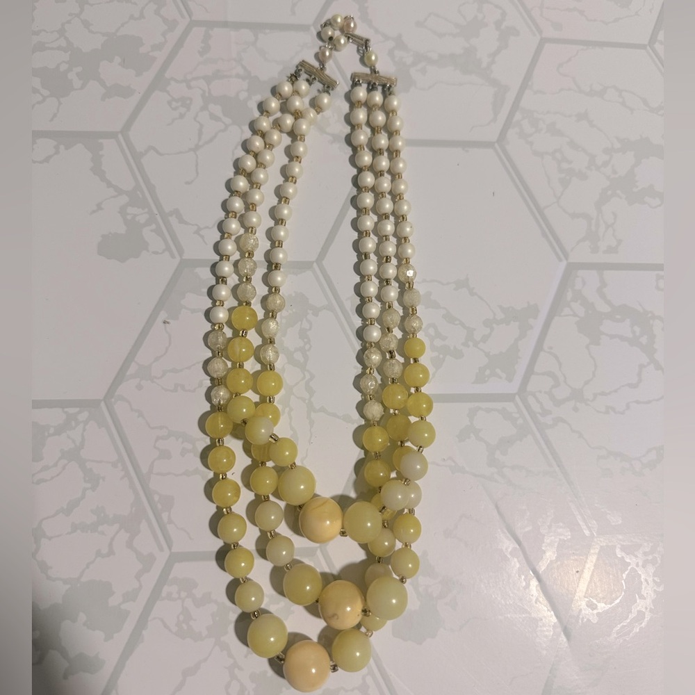 Vintage Triple Strand Necklace Signed Japan With Yellow Beads